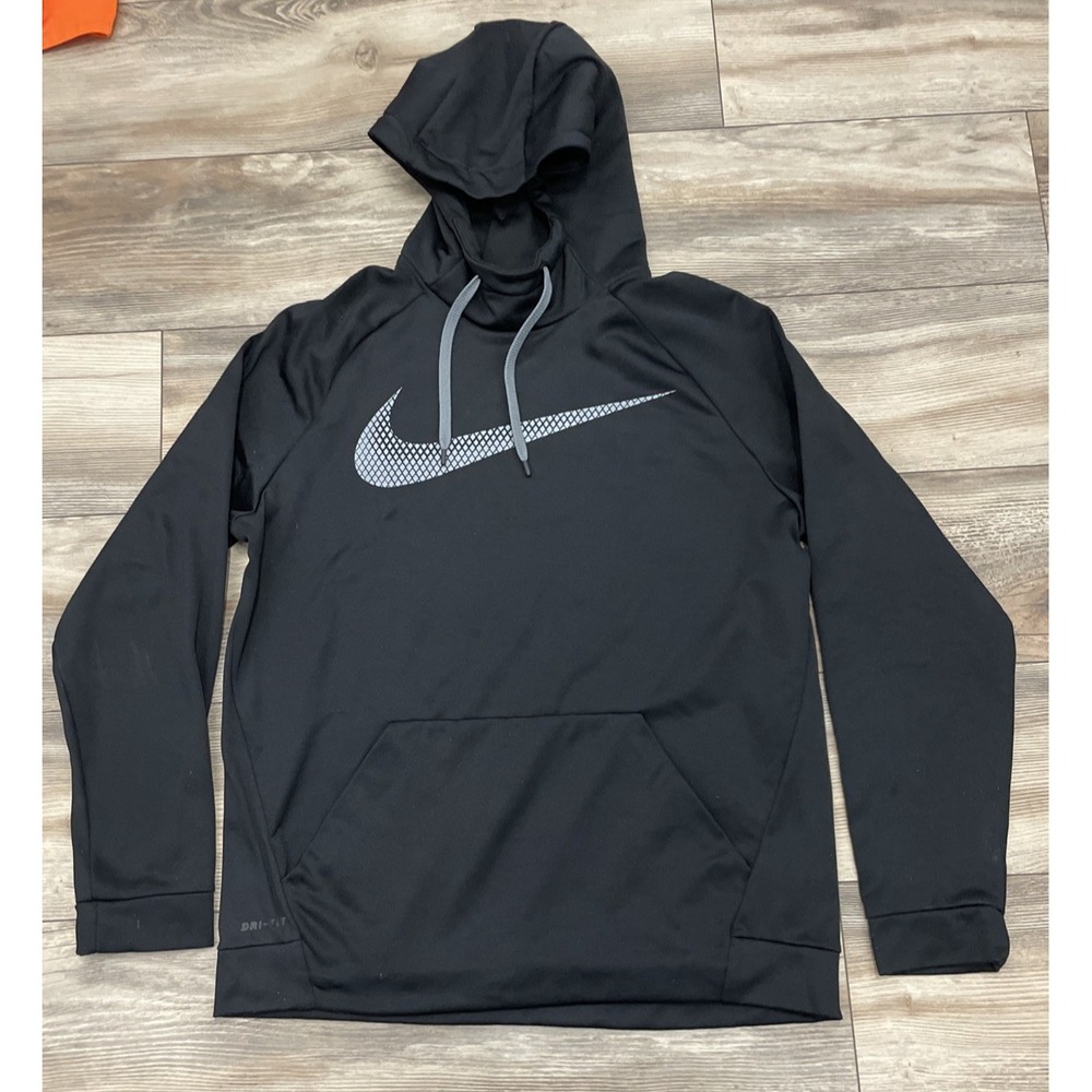 Nike Dri-Fit Black Hoodie w/ Big Swoosh Logo Gym Casual Size Men's L